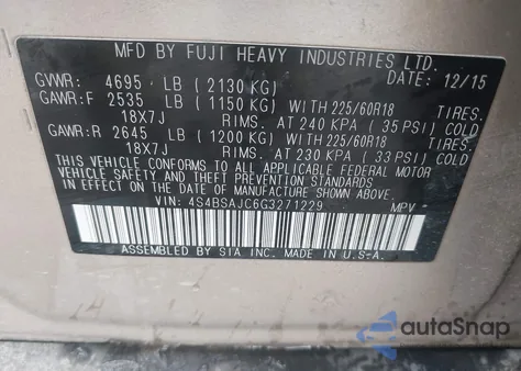 2016 Subaru Outback 2.5I Limited z USA, uszkodzony, nr VIN 4S4BSAJC6G3271229